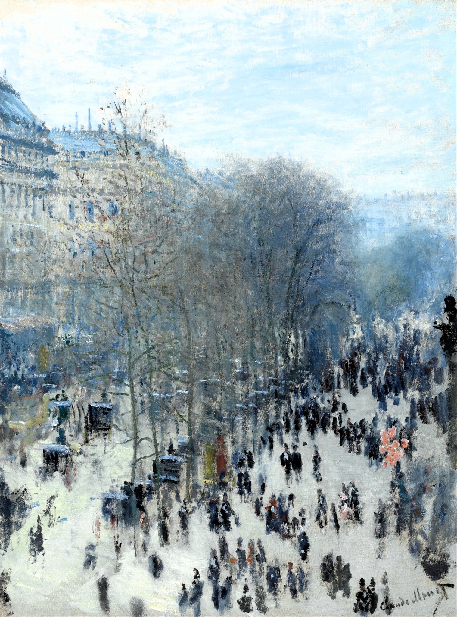 Click numbered symbols to learn about their meaning Boulevard des Capucines by Claude Monet (1873–1874) featuring Pink balloons, Morris column (advertising kiosk), Leafless winter trees, Crowd of black-clad pedestrians