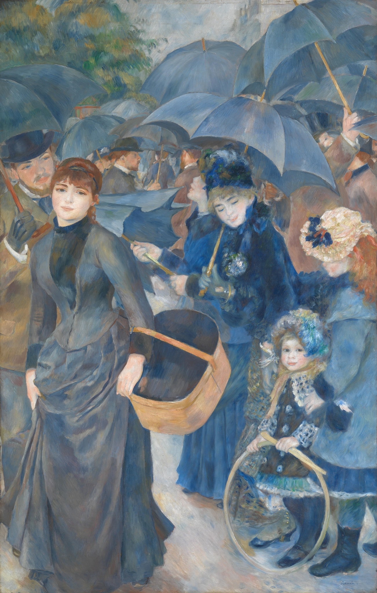 Click numbered symbols to learn about their meaning The Umbrellas by Pierre-Auguste Renoir (about 1881–86) featuring Slate‑blue umbrellas canopy, Bandbox (hatbox), Bareheaded young woman’s direct gaze, Child’s hoop