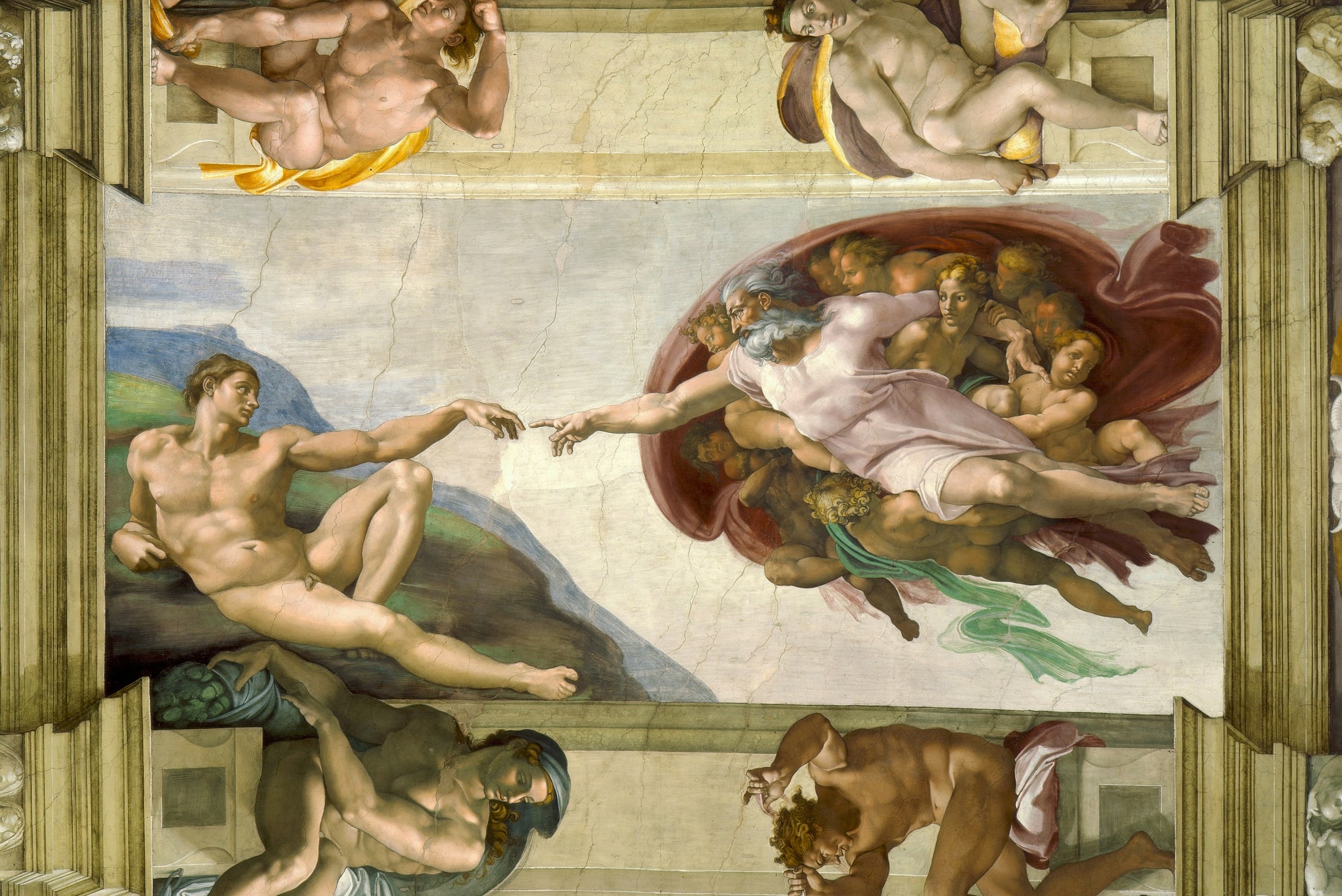 Click numbered symbols to learn about their meaning The Creation of Adam by Michelangelo (c.1511–1512) featuring Almost-touching hands (and micro-gap), Red mantle enclosing God, Adam on the rocky ledge, Female figure under God’s arm