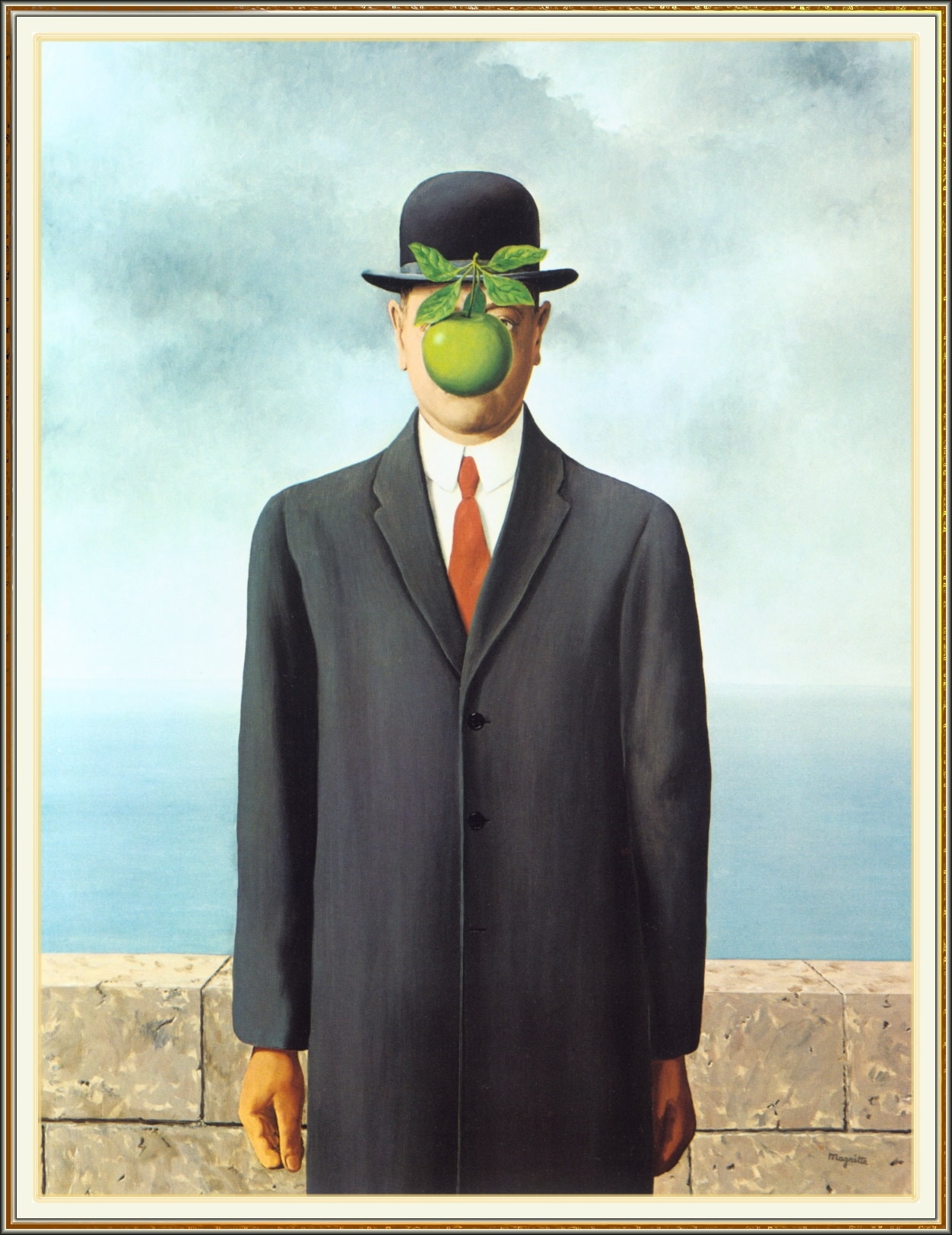 Click numbered symbols to learn about their meaning The Son of Man by Rene Magritte (1964) featuring Green apple, Peeking eye, Bowler hat, Black overcoat and red tie