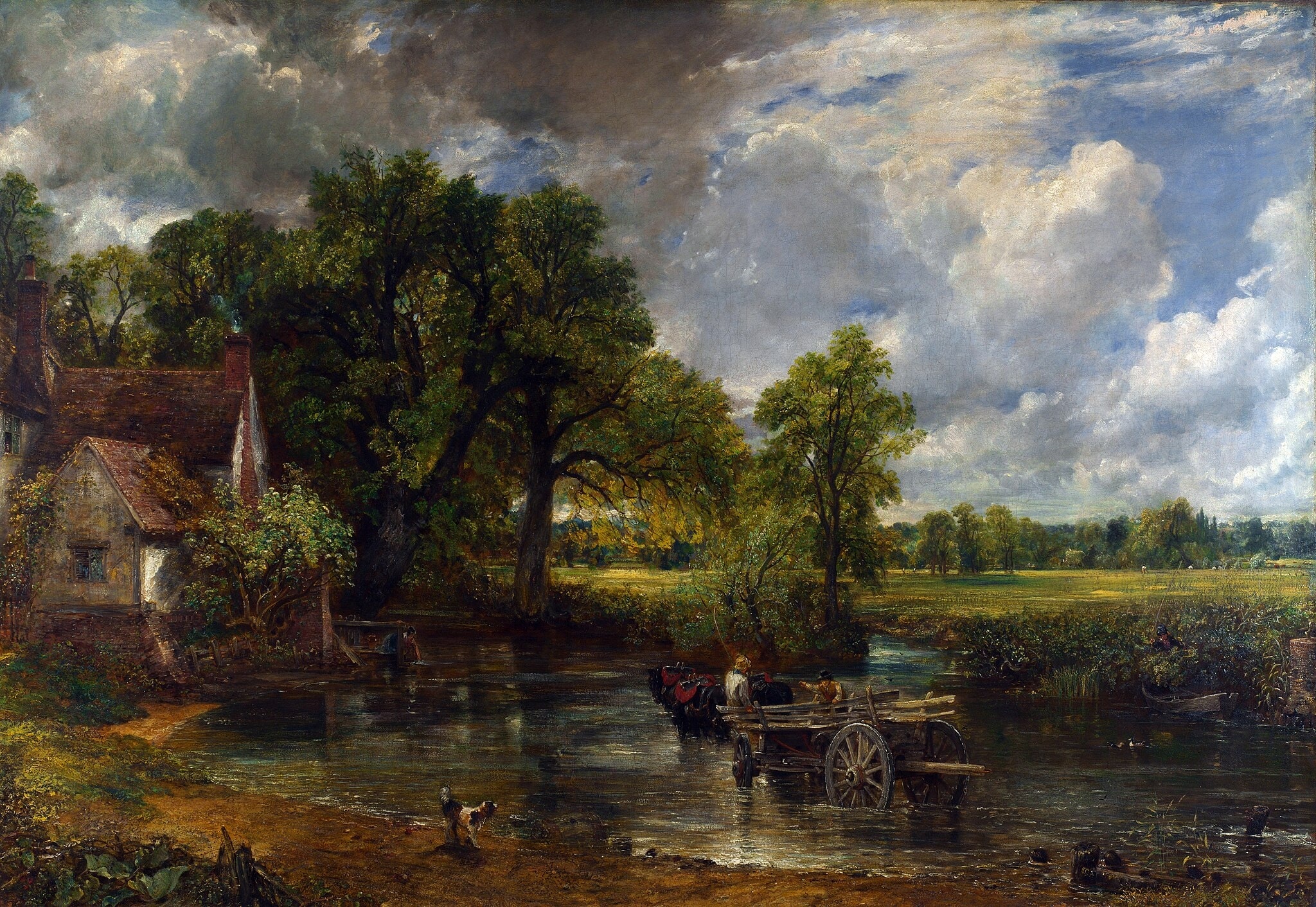 Click numbered symbols to learn about their meaning The Hay Wain by John Constable (1821) featuring Empty timber cart (the ‘wain’), Team of three horses with red tack, River ford and mirrored water, Willy Lott’s cottage with chimney smoke