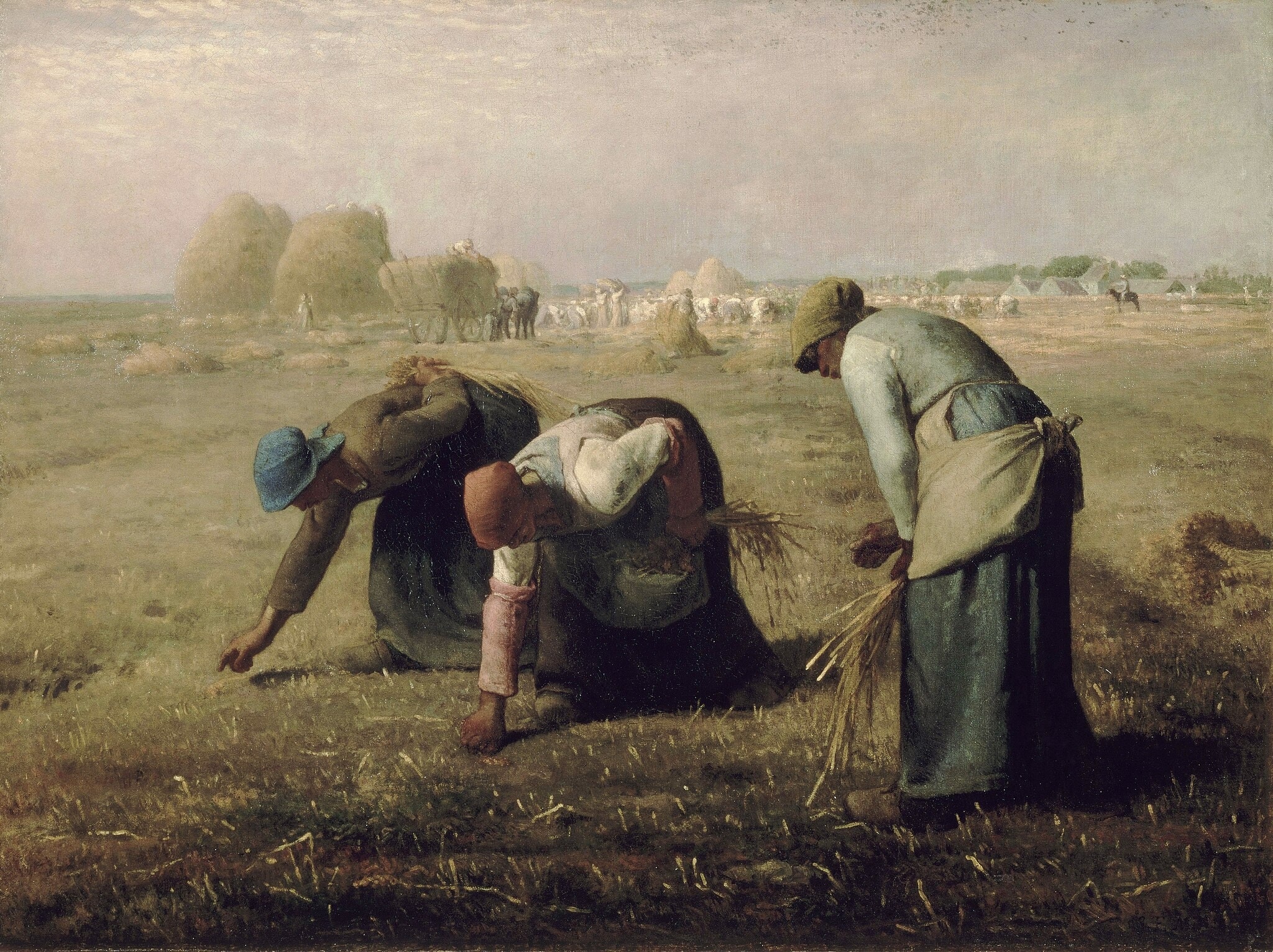 Click numbered symbols to learn about their meaning The Gleaners by Jean-Francois Millet (1857) featuring Triad of gleaners, Leftover stalks and stubble, Haystacks and loaded wagons, Overseer on horseback