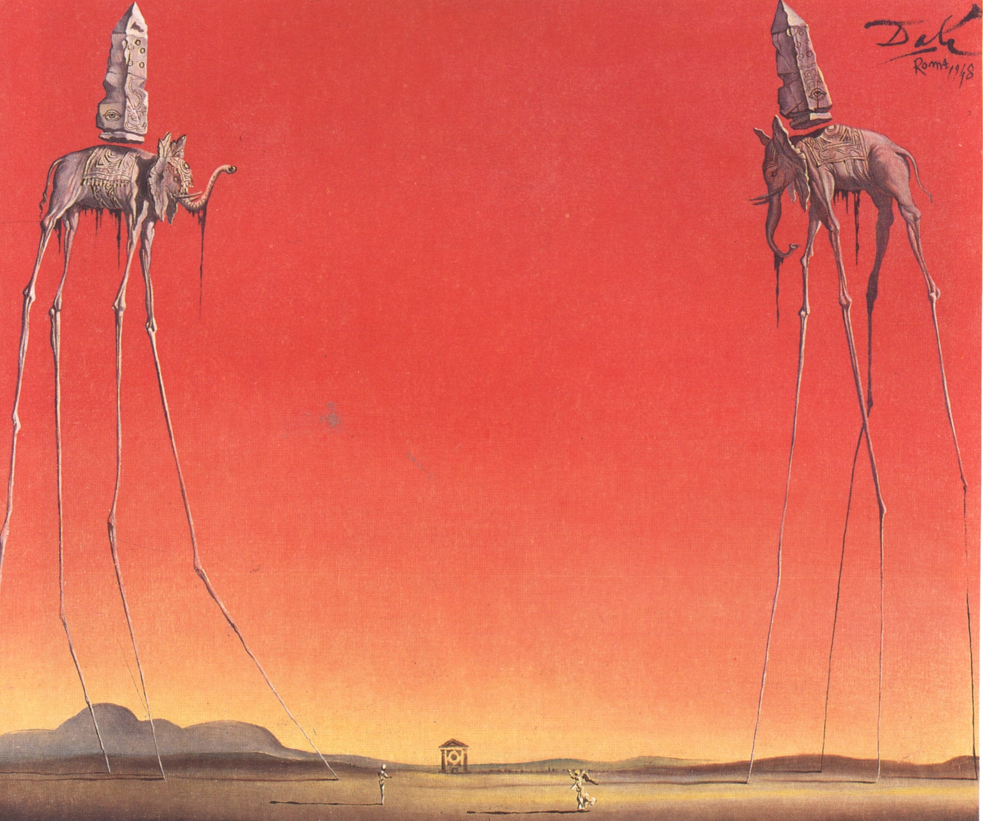 Click numbered symbols to learn about their meaning The Elephants by Salvador Dali (1948) featuring Elephants, Obelisks