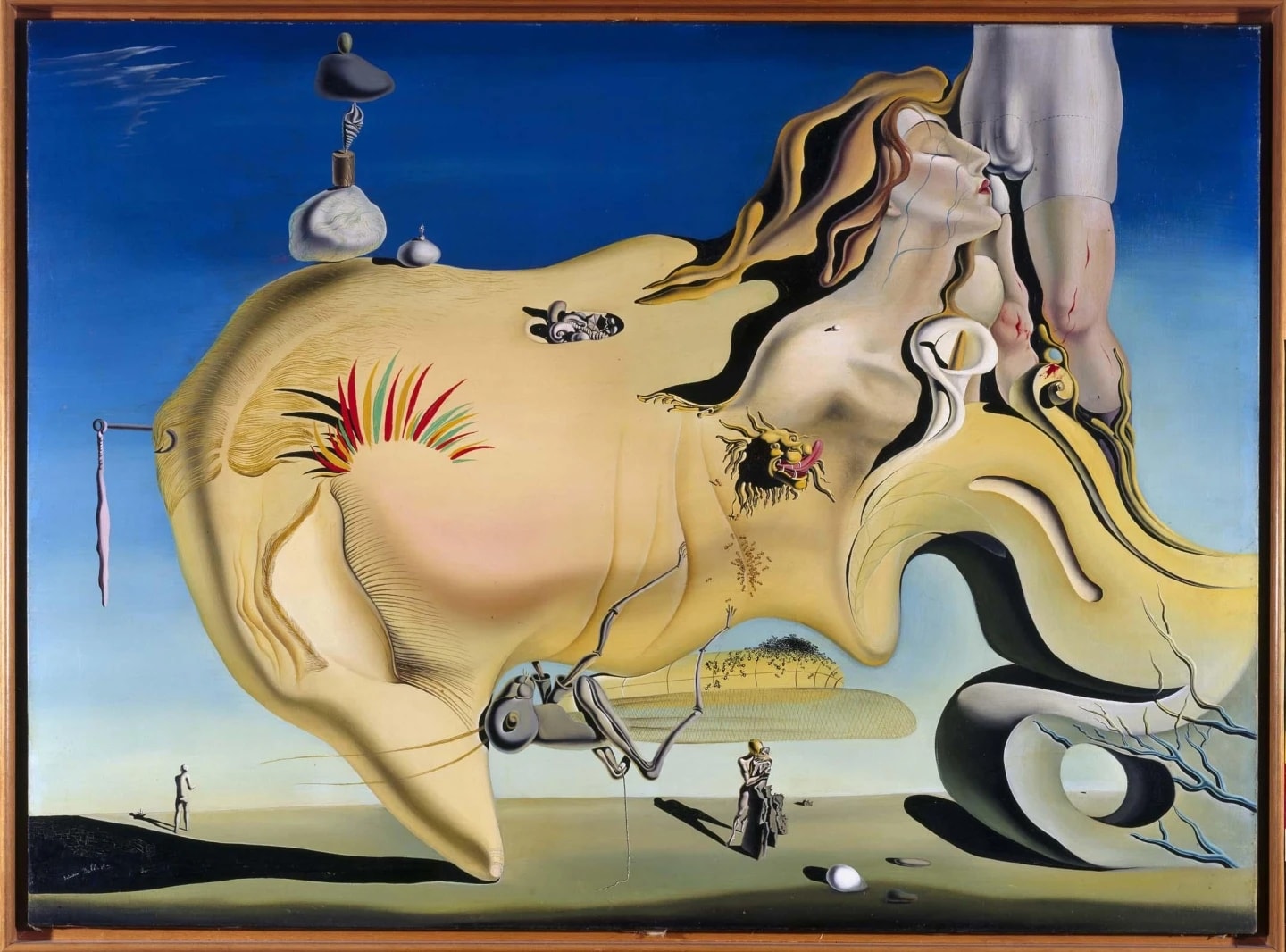 Click numbered symbols to learn about their meaning The Great Masturbator by Salvador Dali (1929) featuring Drooping biomorphic head (Dalí alter ego), Grasshopper with ants, Lion’s head with lolling tongue, Bleeding knees (faceless male torso)