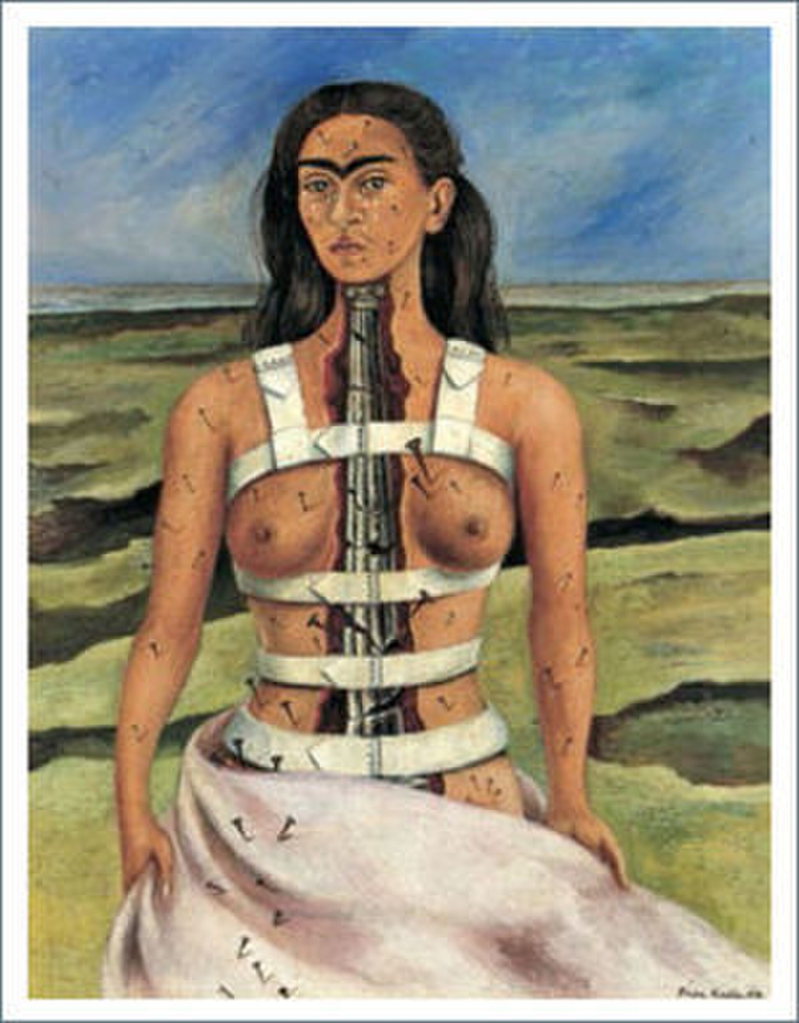 Click numbered symbols to learn about their meaning The Broken Column by Frida Kahlo (1944) featuring Fractured Ionic column (spine), Medical corset/braces, Nails piercing the skin, Vertical body fissure with blood