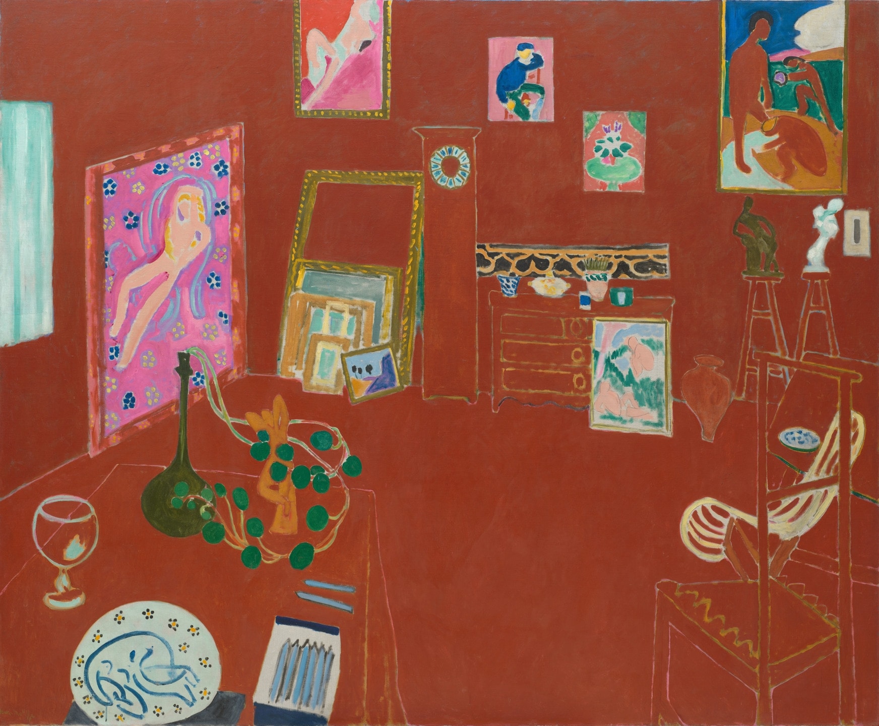 Click numbered symbols to learn about their meaning The Red Studio by Henri Matisse (1911) featuring Venetian red field, Mustard-yellow reserve lines (spectral furniture), Artworks-within-the-artwork, Handless clock