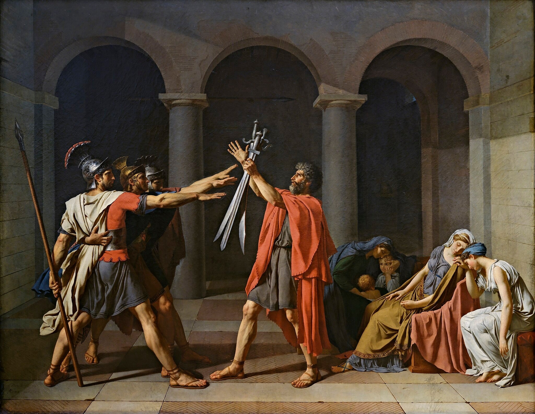 Click numbered symbols to learn about their meaning The Oath of the Horatii by Jacques-Louis David (1784 (exhibited 1785)) featuring Three swords, Outstretched oath gesture, Triad of arches and Tuscan columns, Polarized groups (men vs. mourners)