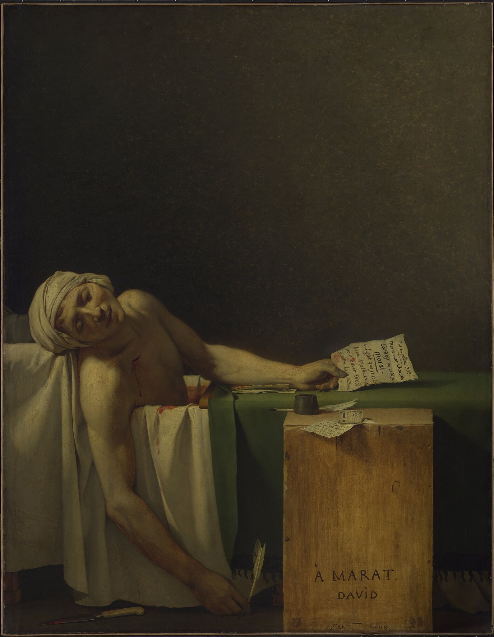 Click numbered symbols to learn about their meaning The Death of Marat by Jacques-Louis David (1793) featuring Charlotte Corday’s letter, Quill pen, Bloodied knife, Green baize writing plank