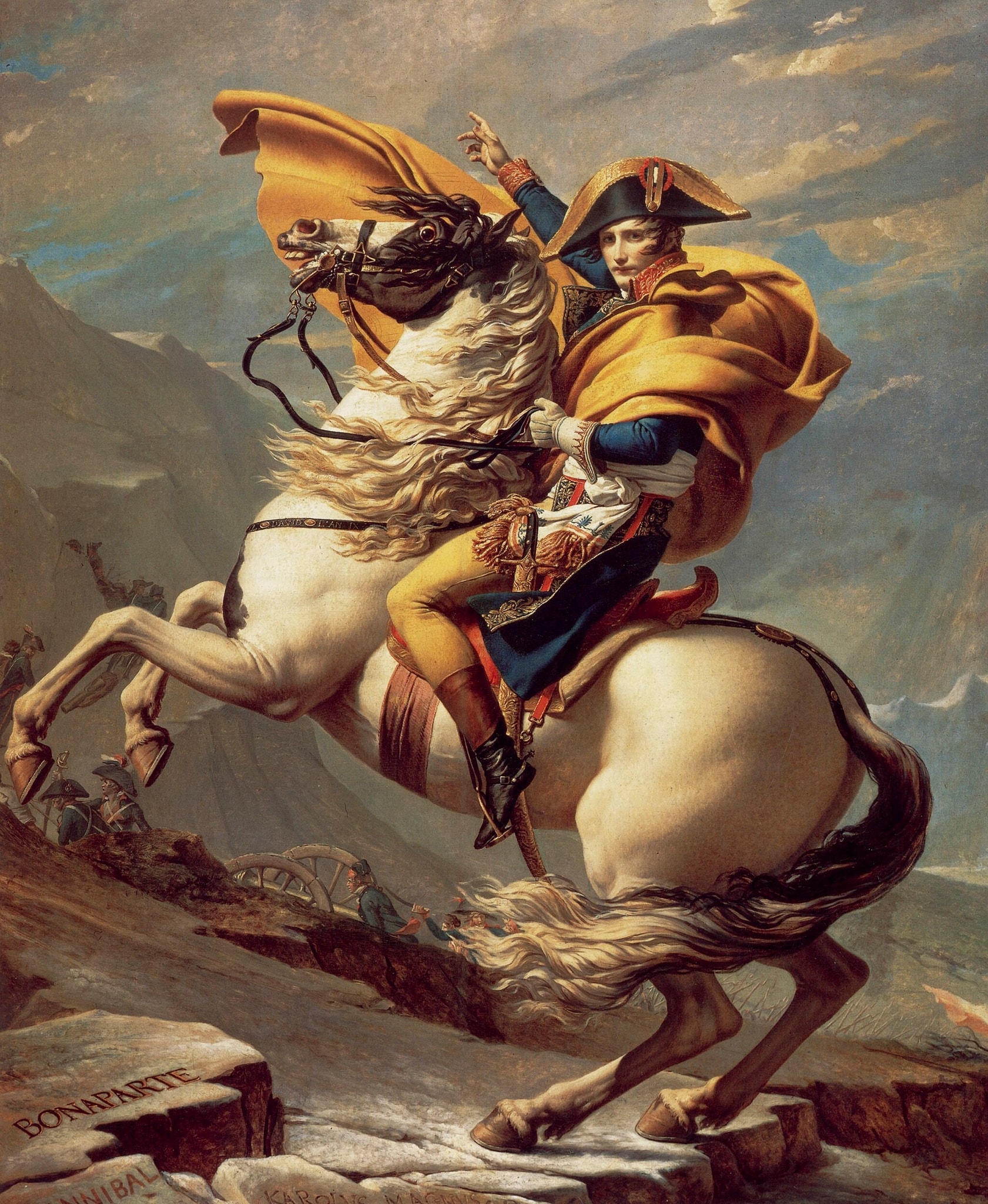 Click numbered symbols to learn about their meaning Napoleon Crossing the Alps by Jacques-Louis David (1801–1805 (series of five versions)) featuring Rearing white warhorse, Billowing golden cloak, Raised, directing hand, Rock inscriptions (BONAPARTE, HANNIBAL, KAROLUS MAGNUS)