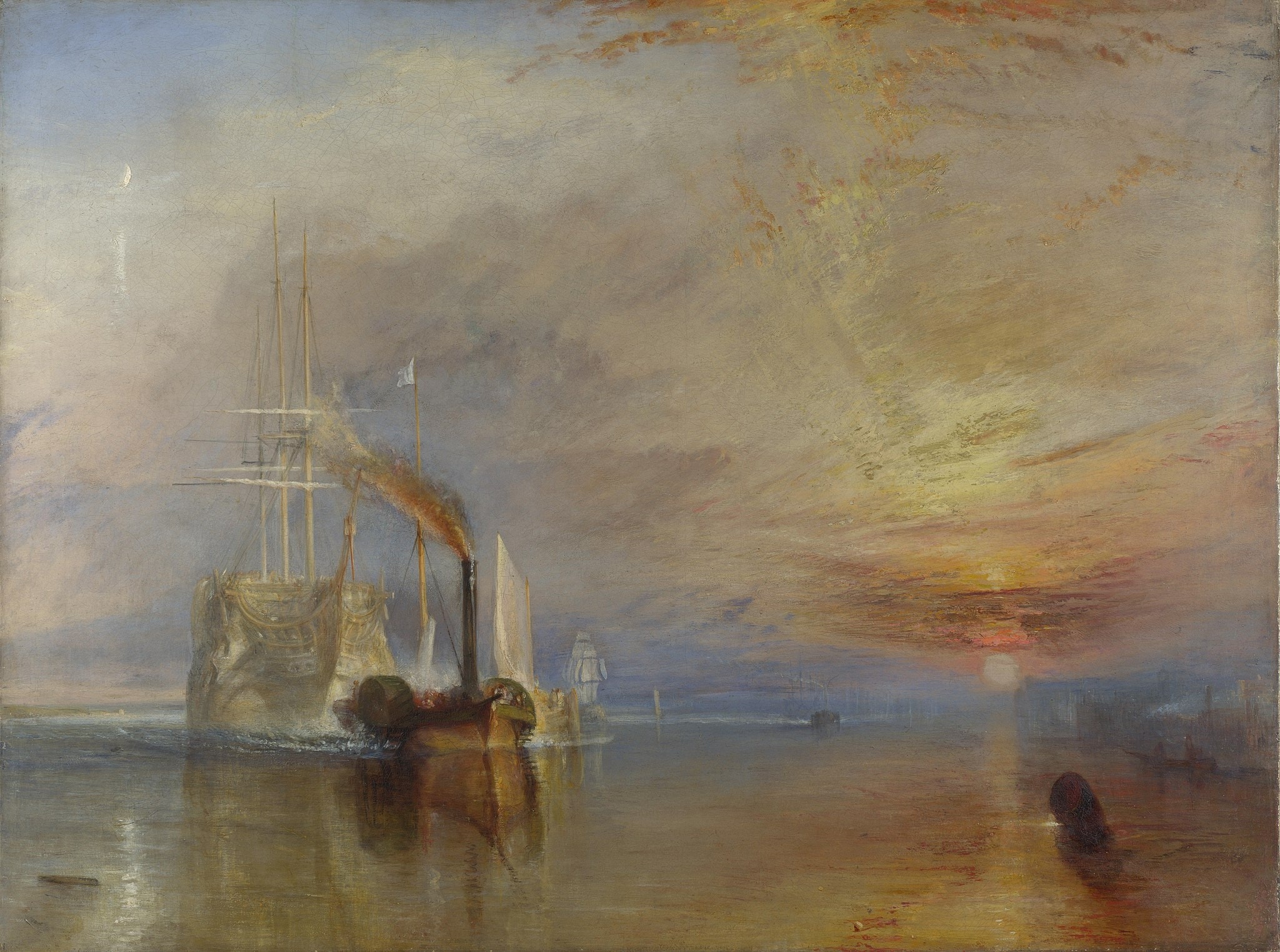 Click numbered symbols to learn about their meaning The Fighting Temeraire by J. M. W. Turner (1839) featuring Ghostly man-of-war (HMS Temeraire), Sooty steam tug, Black smoke cutting the rigging, Blazing sunset and molten path of light