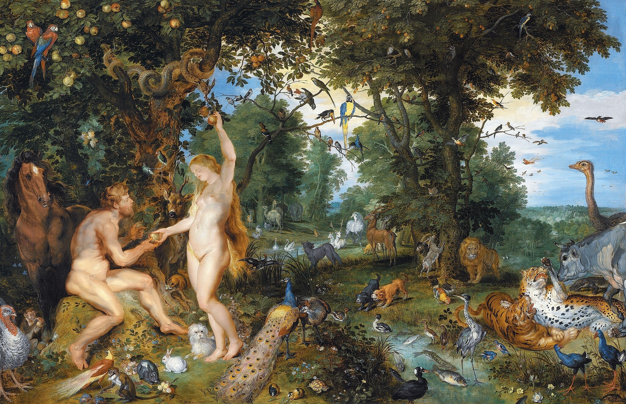 Click numbered symbols to learn about their meaning The Garden of Eden with the Fall of Man by Peter Paul Rubens (c. 1615) featuring Serpent, Forbidden fruit, Peacock, Monkey