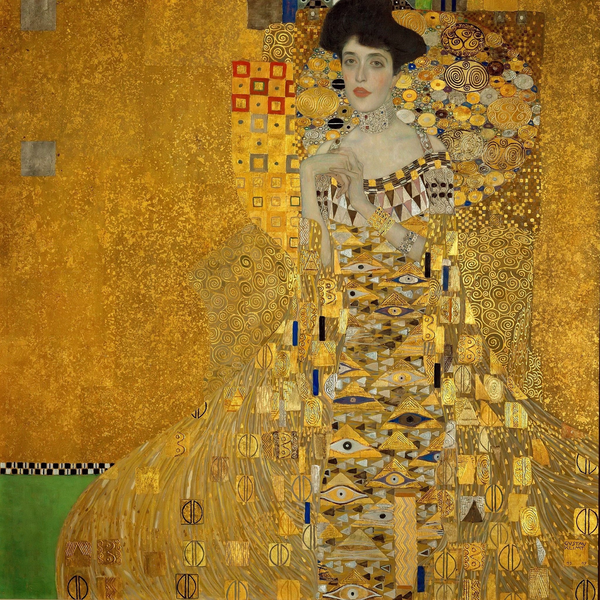 Click numbered symbols to learn about their meaning Portrait of Adele Bloch-Bauer I by Gustav Klimt (1907) featuring Halo-like nimbus of roundels, Squares and rectangles (mosaic tesserae)