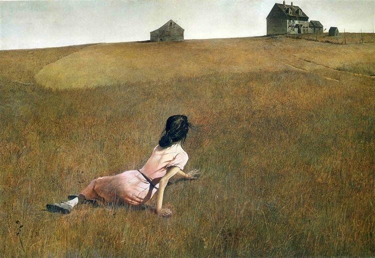 Click numbered symbols to learn about their meaning Christina's World by Andrew Wyeth (1948) featuring Olson House (farmhouse and sheds), Vast tawny field, Pink dress, Braced forearms and tense hands