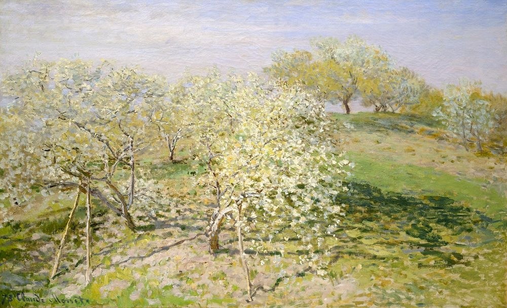 Click numbered symbols to learn about their meaning Spring (Fruit Trees in Bloom) by Claude Monet (1873) featuring White blossoms, Support stakes, Diagonal hillside, Dappled shadows
