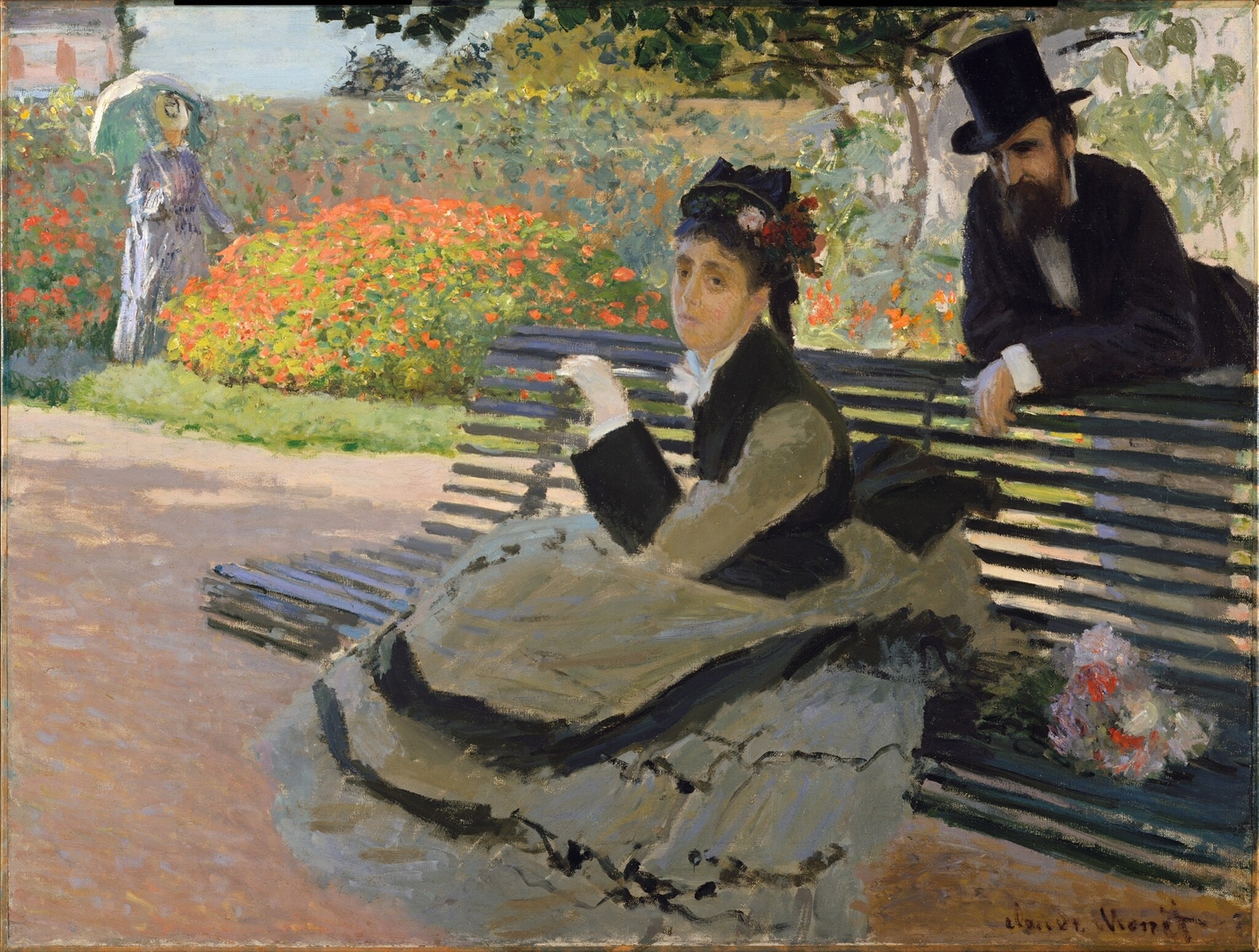 Click numbered symbols to learn about their meaning Camille Monet (1847–1879) on a Garden Bench by Claude Monet (1873) featuring Diagonal slatted bench, Folded note/letter, Bouquet, Geraniums in bloom