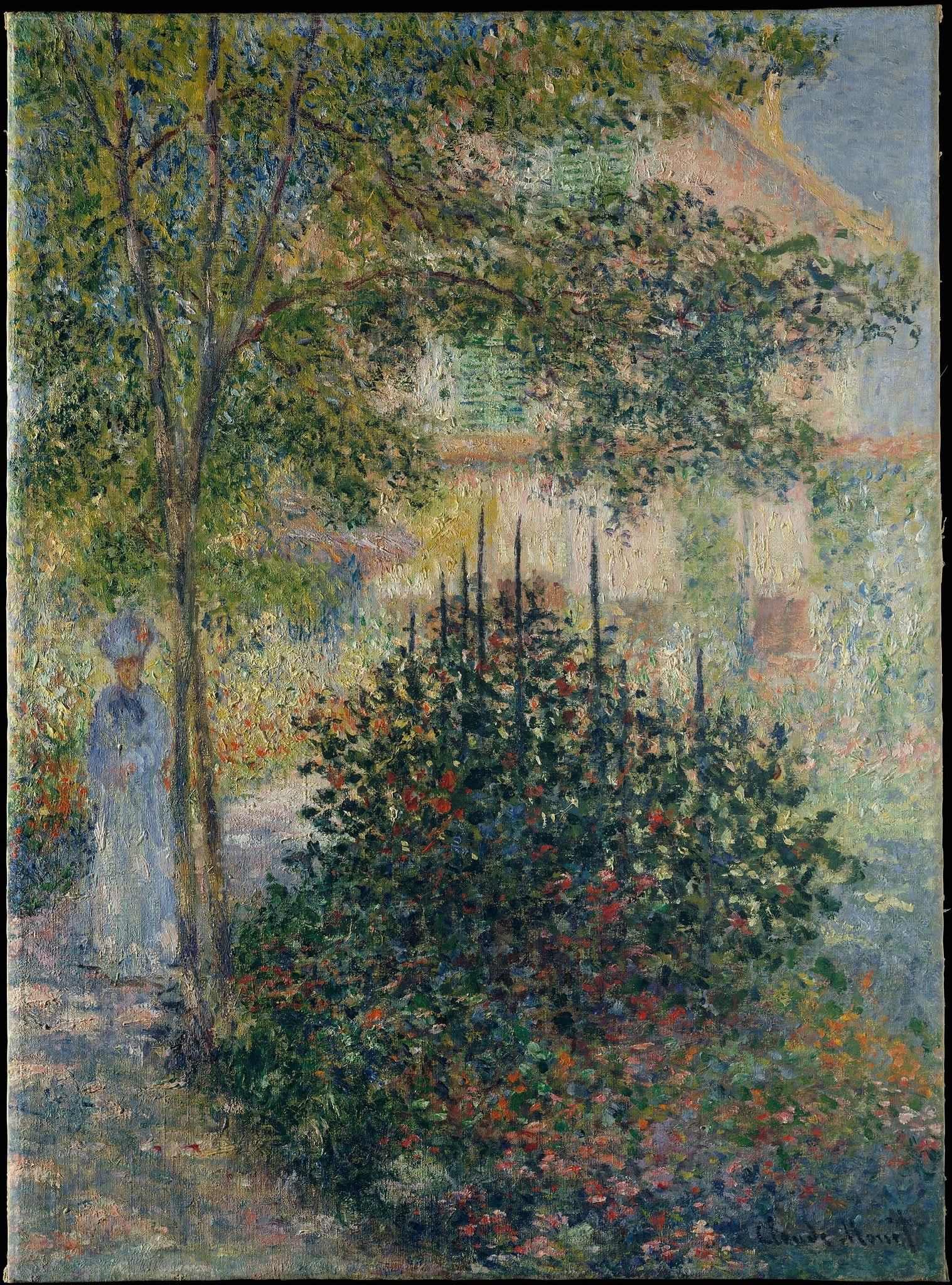 Click numbered symbols to learn about their meaning Camille Monet (1847–1879) in the Garden at Argenteuil by Claude Monet (1876) featuring Corbeille of spiked flowers, Green shutters on the pink house, Dappled garden path, Figure in blue