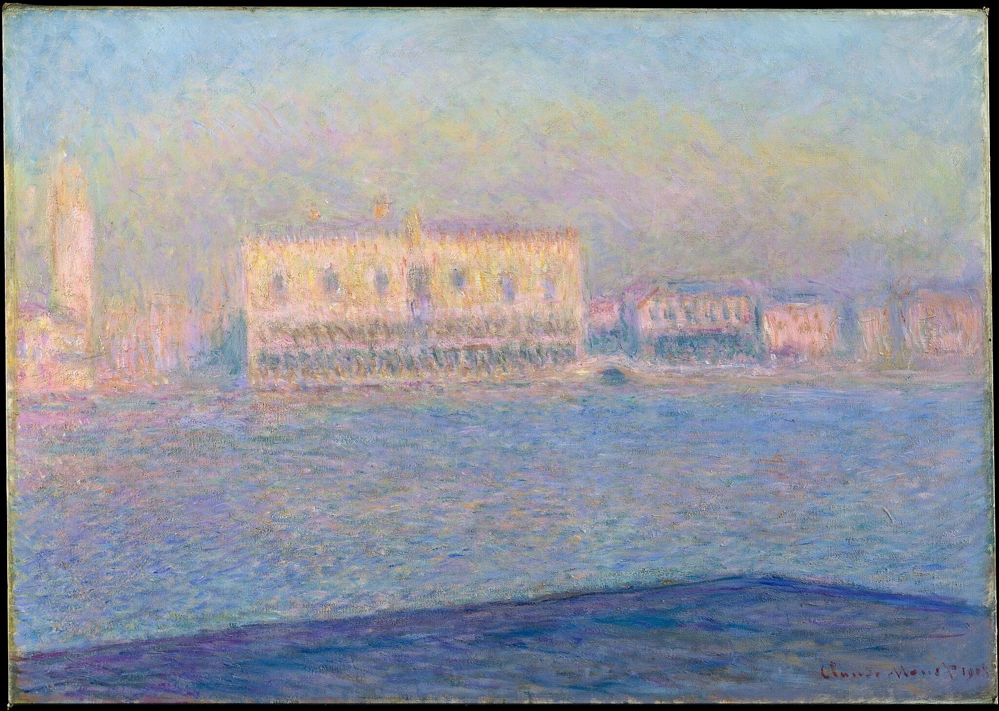 Click numbered symbols to learn about their meaning The Palazzo Ducale, Seen from San Giorgio Maggiore by Claude Monet (1908) featuring Doge’s Palace (glowing façade), Campanile/bell tower, Lagoon’s rippling surface, Dark triangular quay