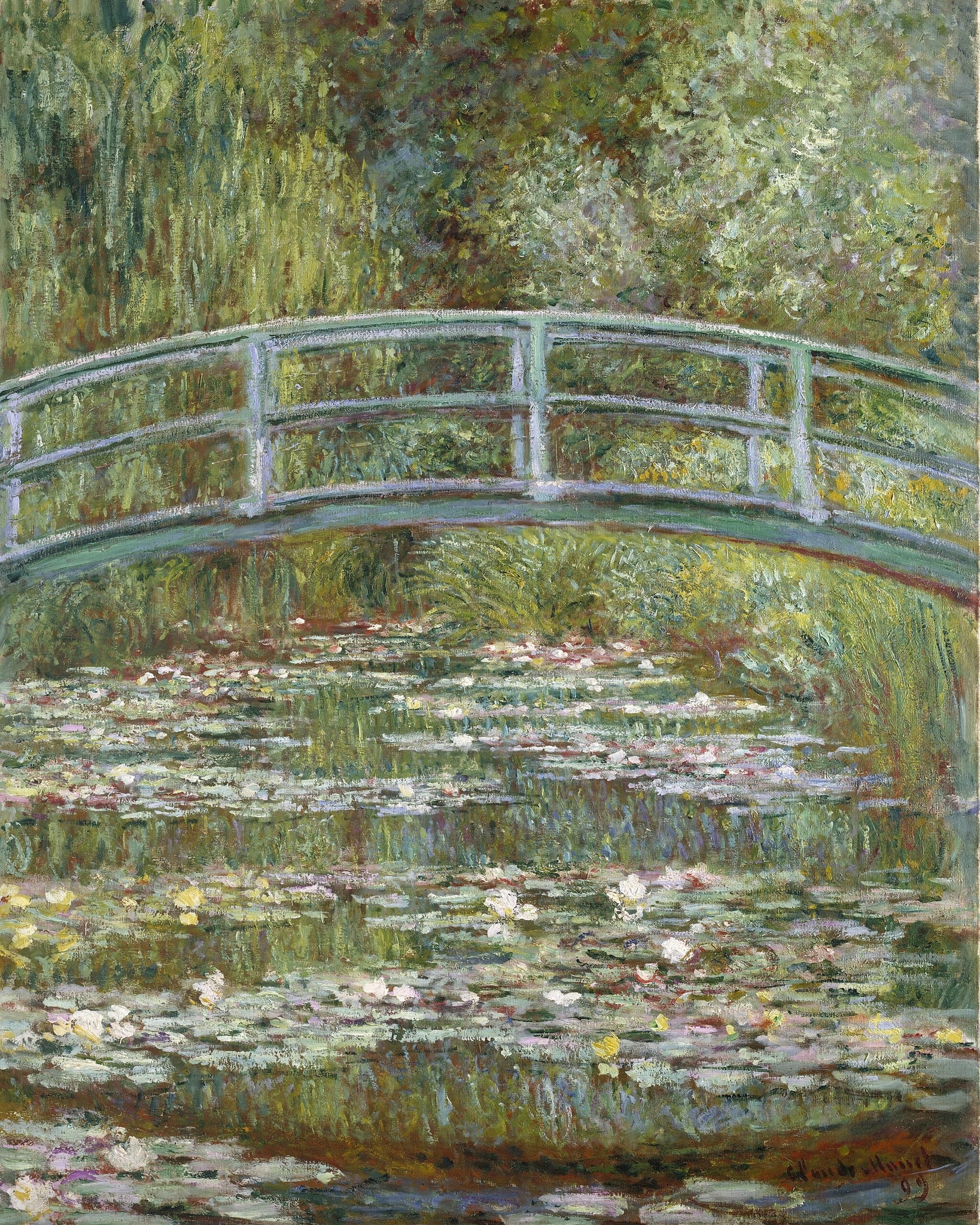 Click numbered symbols to learn about their meaning Bridge over a Pond of Water Lilies by Claude Monet (1899) featuring Japanese-style bridge (arc), Water lilies, Reflections of willows and foliage, Enclosing foliage curtain
