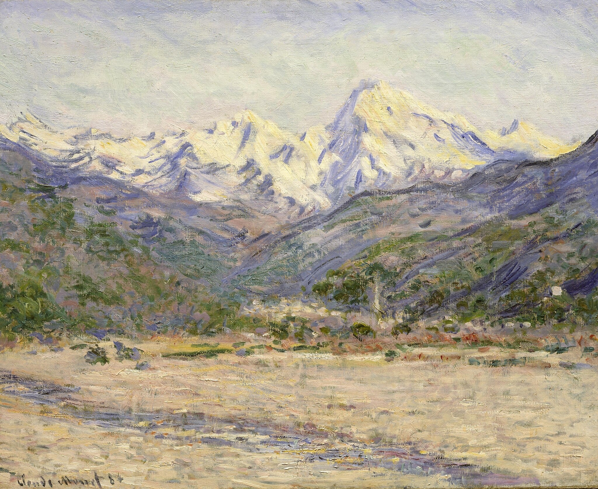 Click numbered symbols to learn about their meaning The Valley of the Nervia by Claude Monet (1884) featuring Snow‑capped Maritime Alps, Dry Riverbed with Meltwater Streaks, Valley Vegetation, Distant Village Strip (Camporosso)