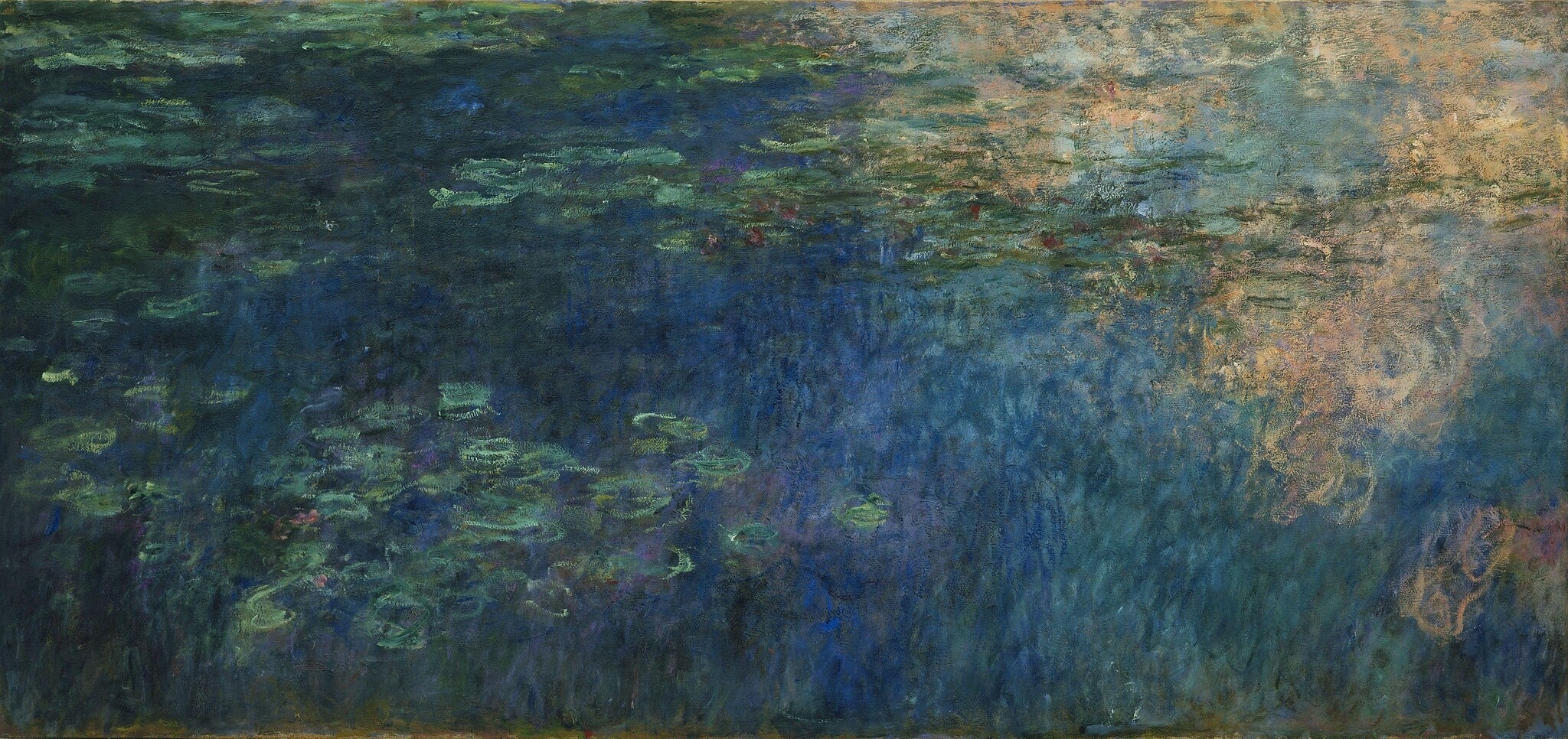 Click numbered symbols to learn about their meaning Water Lilies (triptych) by Claude Monet (1914–1926) featuring Lily pads, Peach–lavender reflection, Crimson blooms, Horizonless expanse