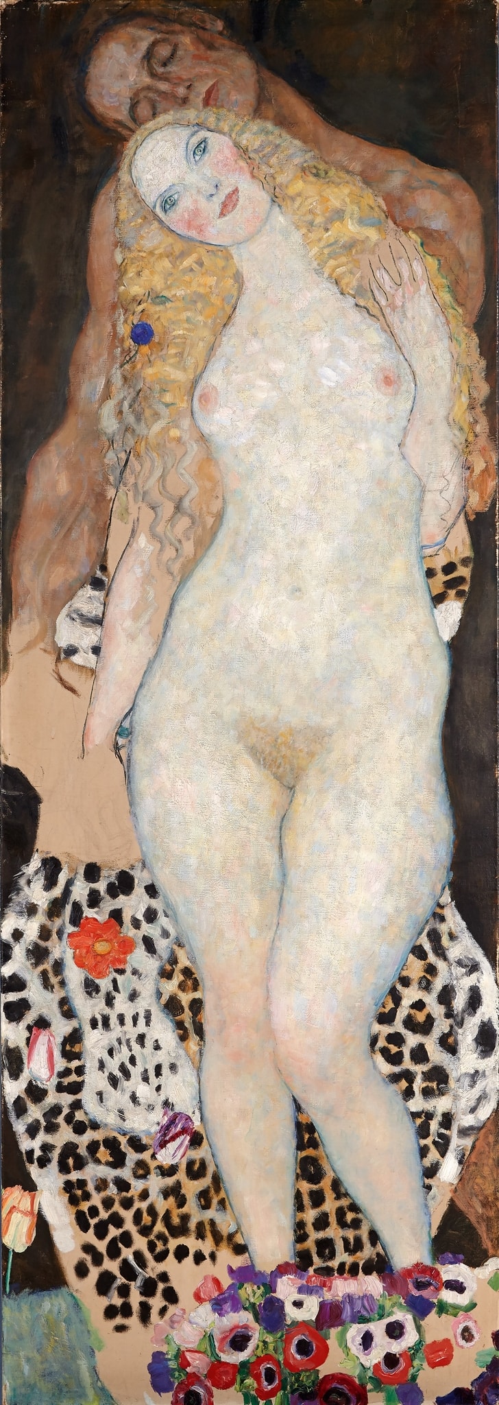 Click numbered symbols to learn about their meaning Adam and Eve by Gustav Klimt (1916–1918 (unfinished)) featuring Eve’s luminous body, Adam in shadow (eyes closed), Leopard pelt, Anemone bouquet