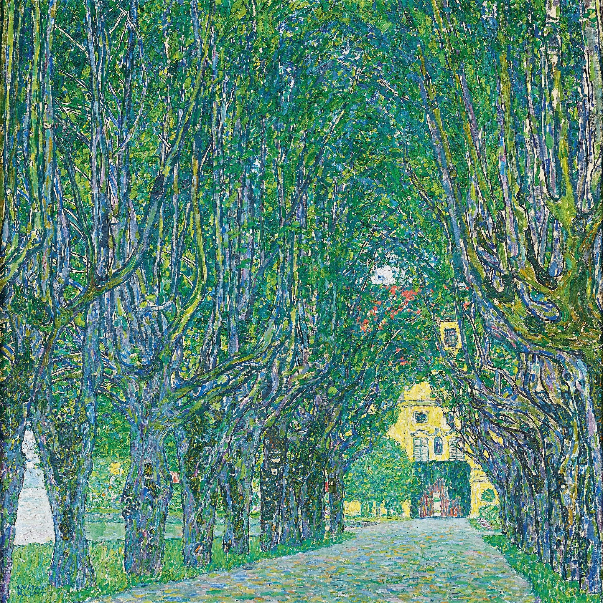 Click numbered symbols to learn about their meaning Avenue in Schloss Kammer Park by Gustav Klimt (1912) featuring Tree allée / vaulted canopy, Pollarded trunks as sentinels, Axial cobbled path, Arched doorway / portal