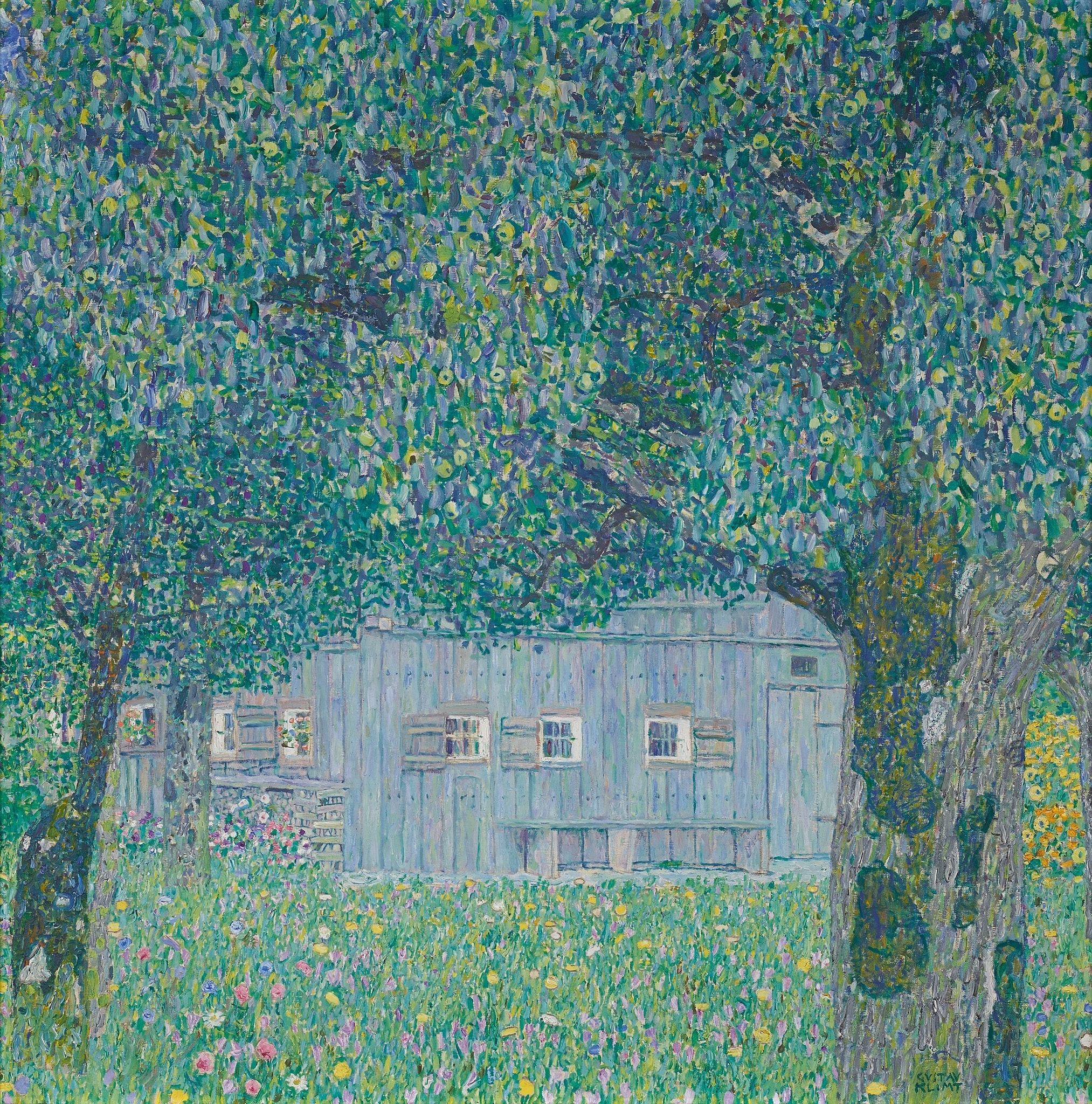 Click numbered symbols to learn about their meaning Farmhouse in Buchberg (Upper Austrian Farmhouse) by Gustav Klimt (1911) featuring Farmhouse façade, Orchard canopy and trunks, Shuttered windows, Long bench