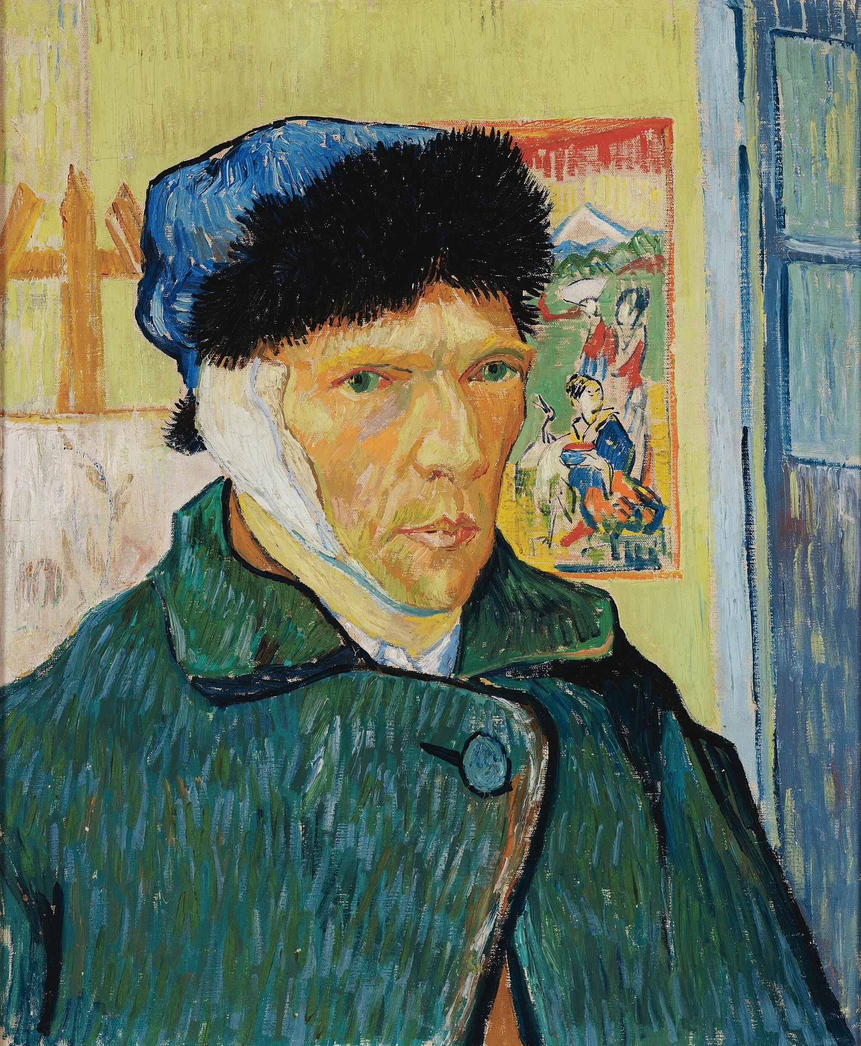 Click numbered symbols to learn about their meaning Self-Portrait with Bandaged Ear by Vincent van Gogh (1889) featuring Bandage, Fur cap, Heavy winter coat and buttoned collar, Japanese print