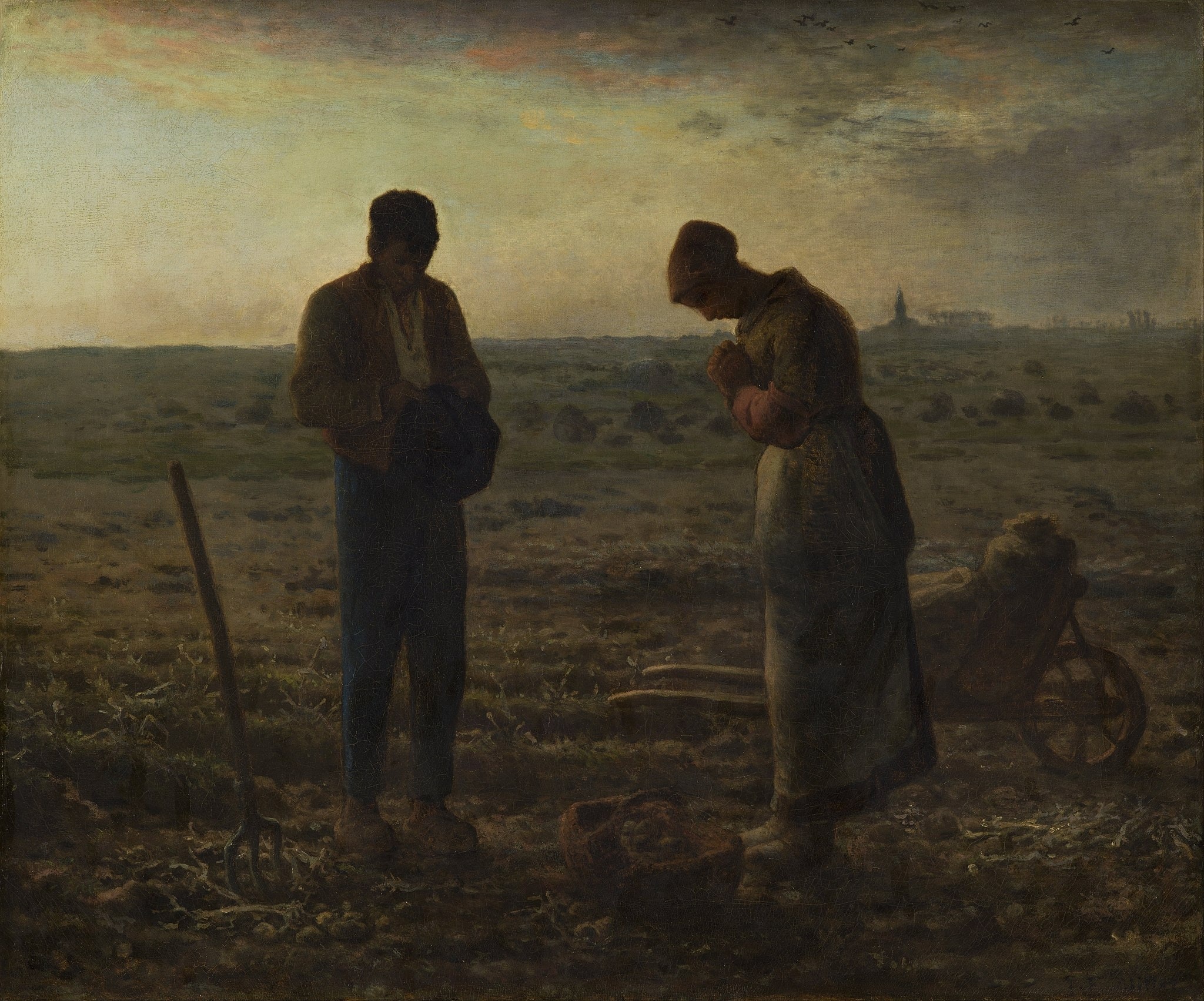 Click numbered symbols to learn about their meaning The Angelus by Jean-Francois Millet (1857–1859) featuring Bowed prayer posture, Removed cap, Distant church steeple, Pitchfork planted upright