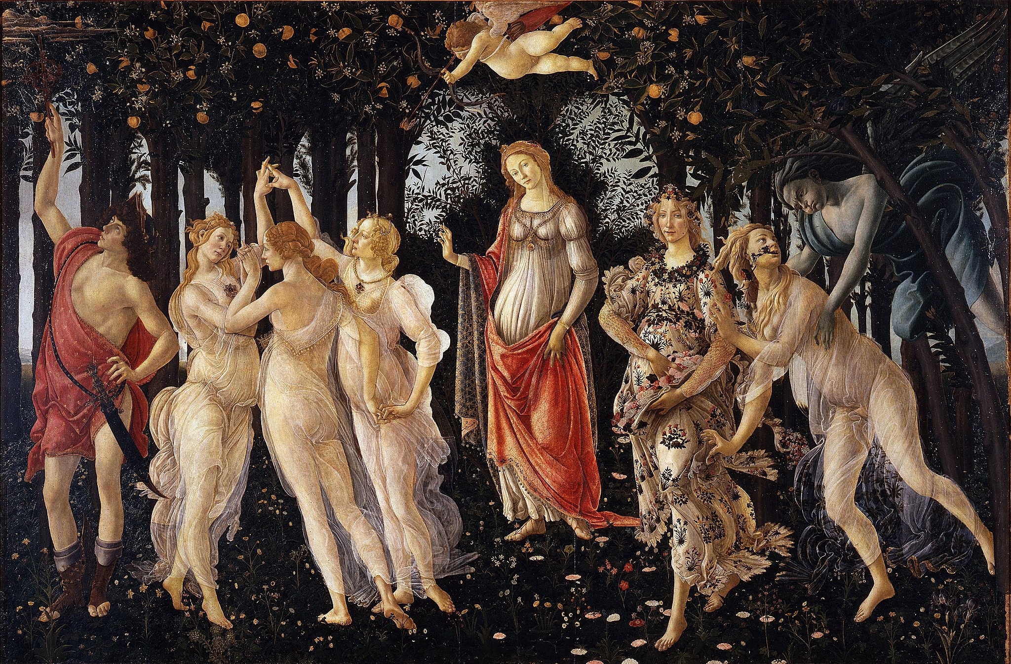Click numbered symbols to learn about their meaning Primavera by Sandro Botticelli (c. 1480 (1477–1482)) featuring Venus (presiding figure), Blindfolded Cupid with flaming arrow, The Three Graces’ ring-dance, Zephyrus, Chloris, and the metamorphosis into Flora