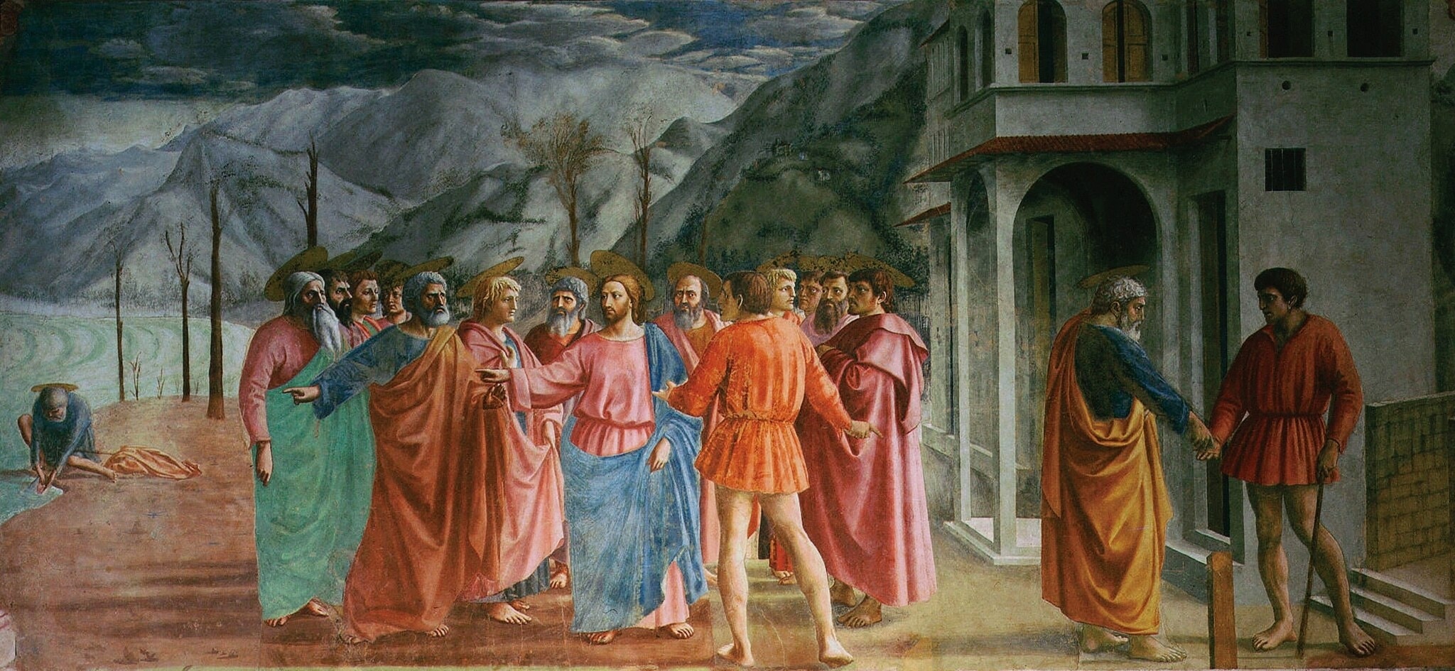 Click numbered symbols to learn about their meaning The Tribute Money by Masaccio (c. 1425–1427) featuring Foreshortened halos, Red tunic of the tax collector, Pointing hands and mirrored gestures