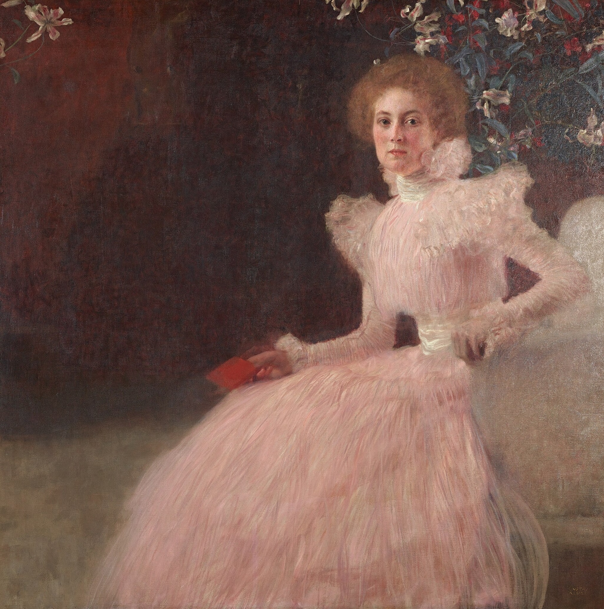 Click numbered symbols to learn about their meaning Sonja Knips by Gustav Klimt (1897/1898) featuring Red sketchbook, White lilies, Pink tulle dress, Self‑possessed gaze (illuminated face)