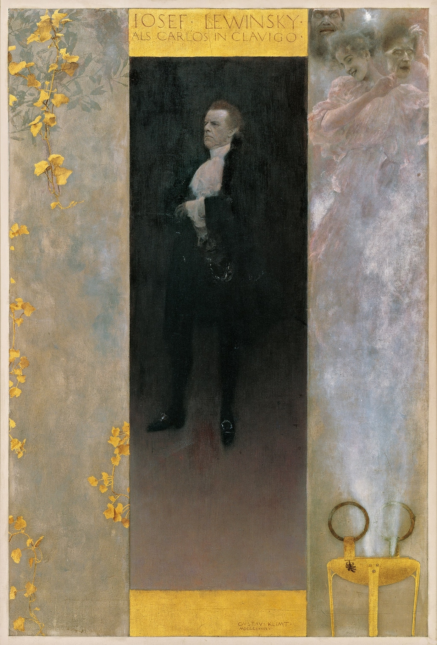 Click numbered symbols to learn about their meaning Josef Lewinsky as Carlos in Clavigo by Gustav Klimt (1895) featuring Golden ivy/laurel, Theatrical masks/phantoms in smoke, Antique tripod/brazier, Gold title and plinth bands