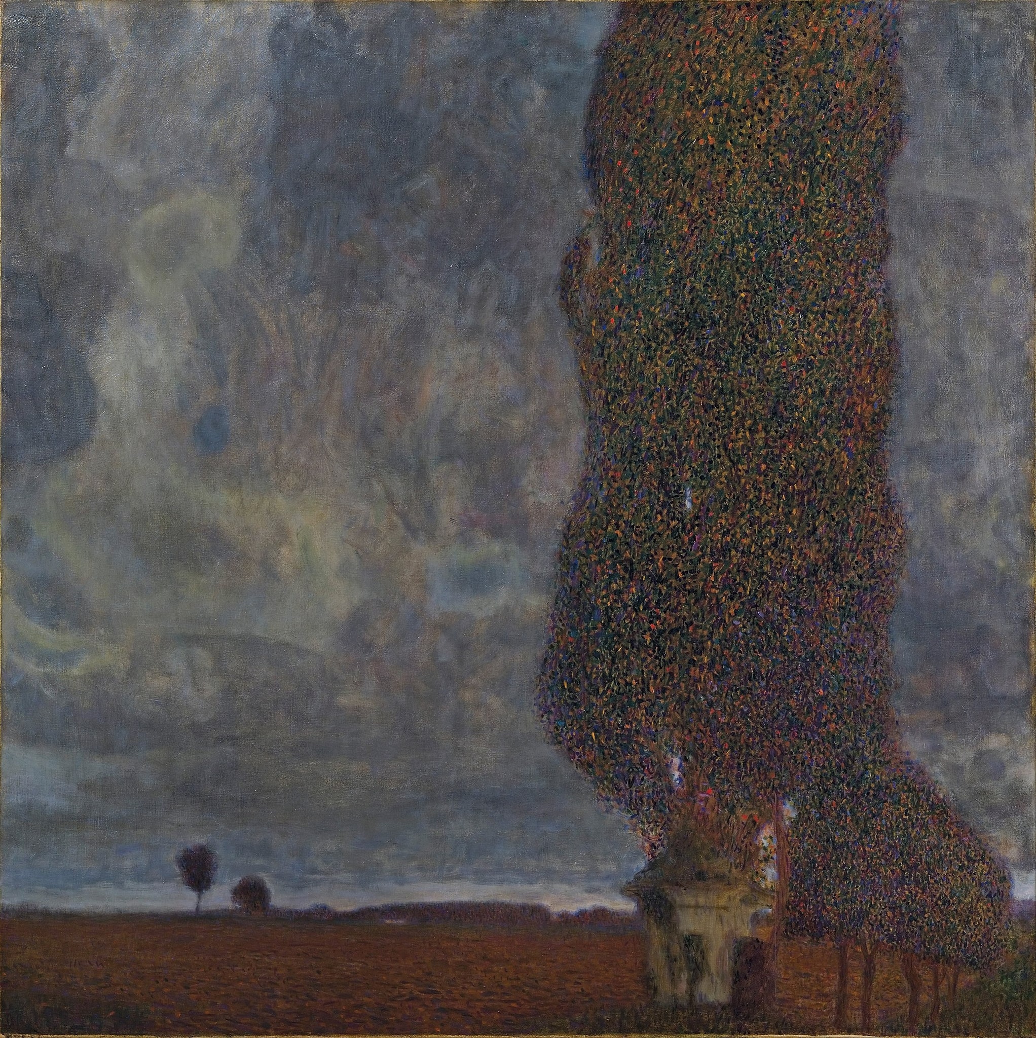 Click numbered symbols to learn about their meaning The Large Poplar II (Gathering Storm) by Gustav Klimt (1902/03) featuring Sentinel Poplar, Gathering-Storm Sky, Chapel/Sanctuary, Horizontal Horizon Bands