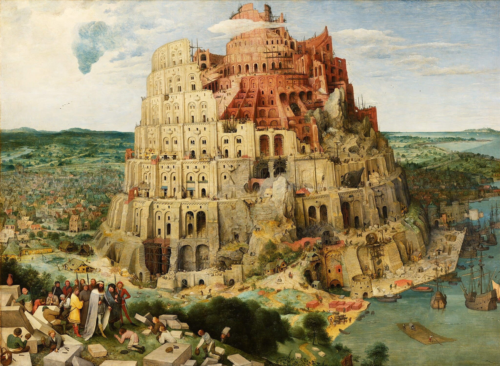 Click numbered symbols to learn about their meaning The Tower of Babel by Pieter Bruegel the Elder (1563) featuring Spiraling Roman‑style arcades (the Tower itself), Cracked foundations, misaligned tiers, and collapsing masonry, Scaffolds and treadwheel cranes/hoists, Ruler receiving obeisance (often read as Nimrod) with masons
