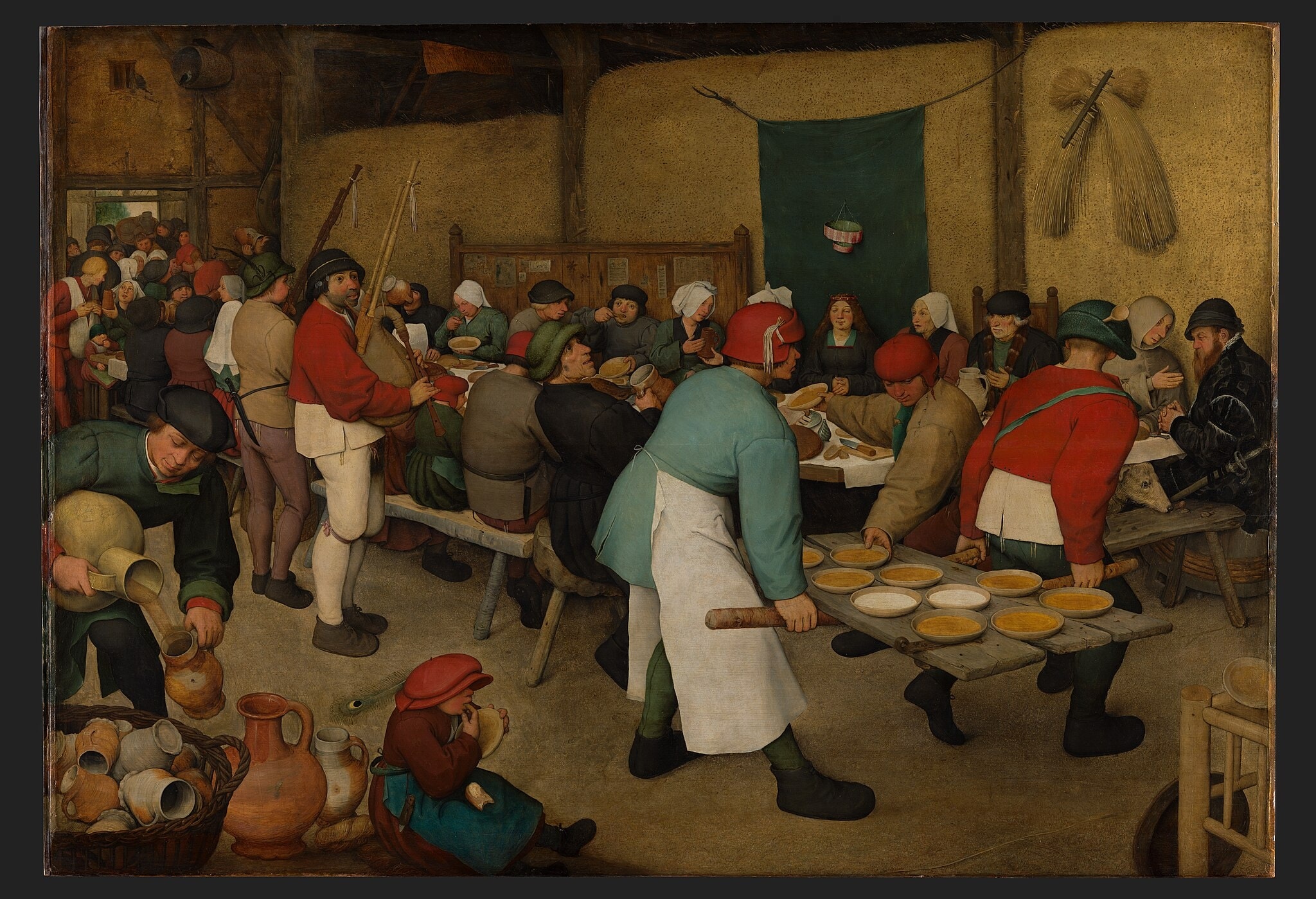 Click numbered symbols to learn about their meaning The Peasant Wedding by Pieter Bruegel the Elder (1568) featuring Green cloth of honor, Paper crown/garland, Door used as serving tray, Bagpipes