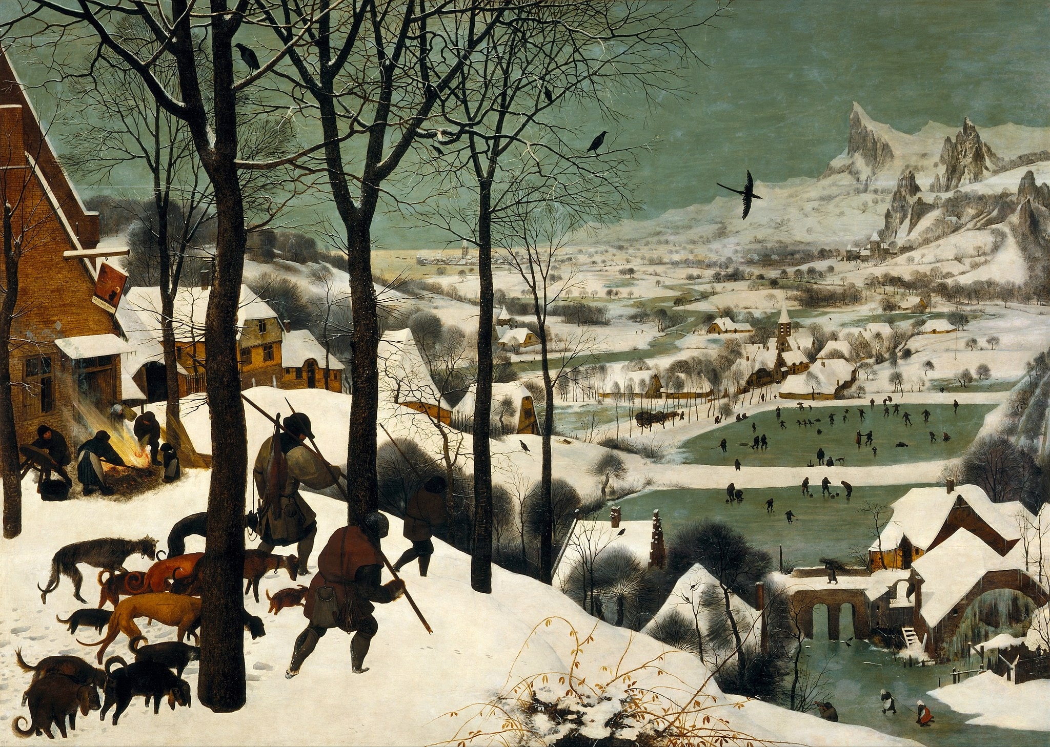 Click numbered symbols to learn about their meaning Hunters in the Snow by Pieter Bruegel the Elder (1565) featuring Single fox on the hunter’s pole, Gaunt hunting dogs, Pig-singeing/hearth fire