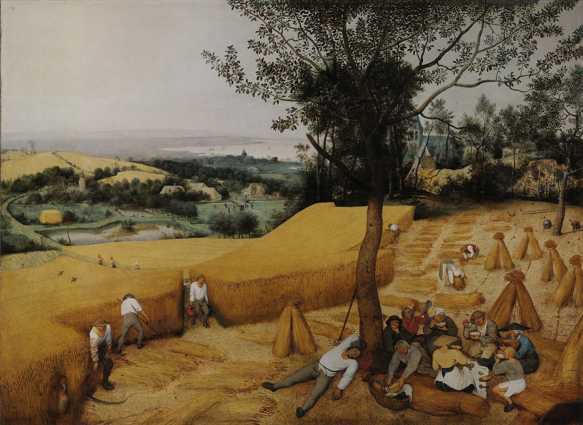 Click numbered symbols to learn about their meaning The Harvesters by Pieter Bruegel the Elder (1565) featuring Sickles and reapers, Stooked wheat sheaves, Midday meal (bread, cheese, bowls), Sleeping/drinking workers