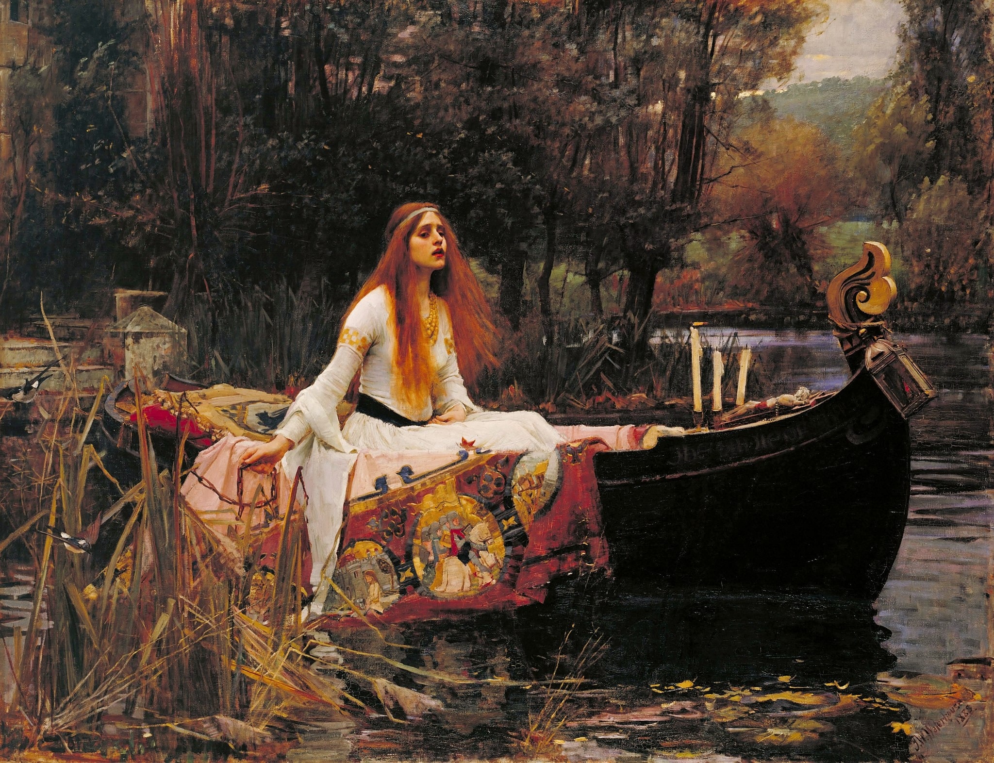 Click numbered symbols to learn about their meaning The Lady of Shalott by John William Waterhouse (1888) featuring Released chain, Candles (two extinguished, one flickering), Crucifix, Tapestry