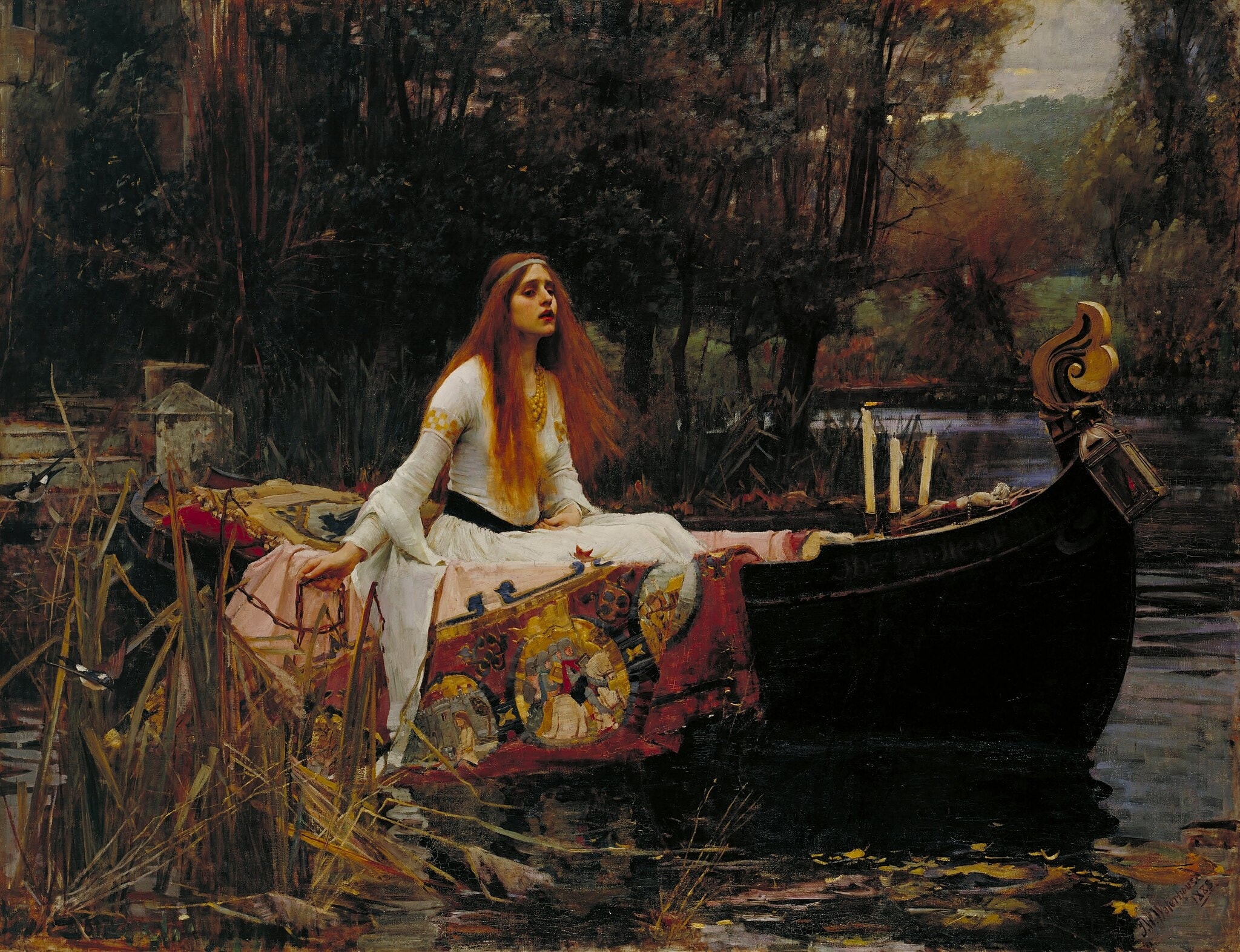 Click numbered symbols to learn about their meaning The Lady of Shallot by John William Waterhouse (1888) featuring Extinguished and dying candles, Crucifix, Released chain, Tapestry spilling into the water